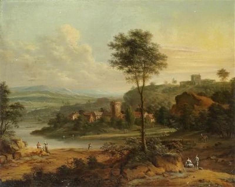 Ampio paesaggio fluviale con gruppo figurato